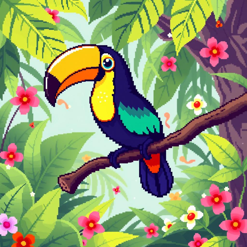 An adorable pixel art illustration of a toucan perched on a branch, showcasing its vibrant, multi-colored feathers and large, colorful beak