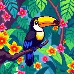 An adorable pixel art illustration of a toucan perched on a branch, showcasing its vibrant, multi-colored feathers and large, colorful beak