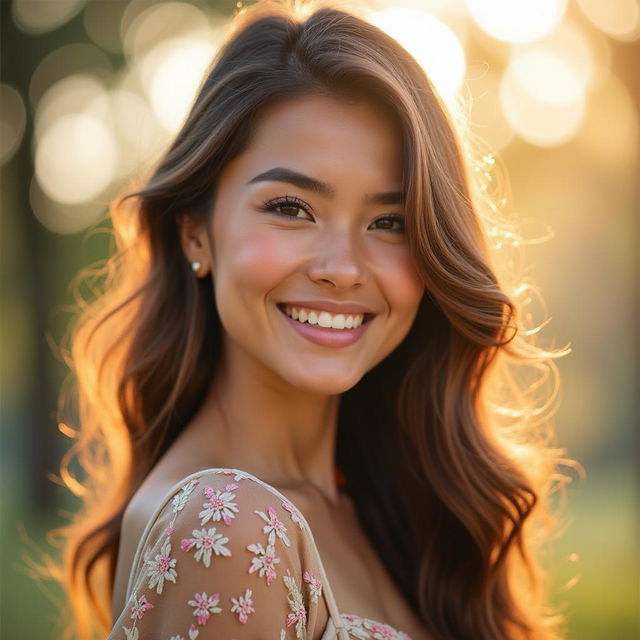 A stunning close-up portrait of a woman with flowing, lustrous hair cascading down her shoulders