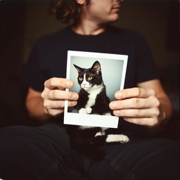 A candid Polaroid photo of a man sitting with a black and white cat on his lap