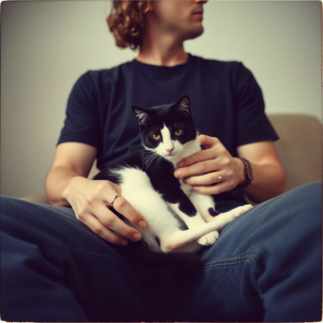 A candid Polaroid photo of a man sitting with a black and white cat on his lap