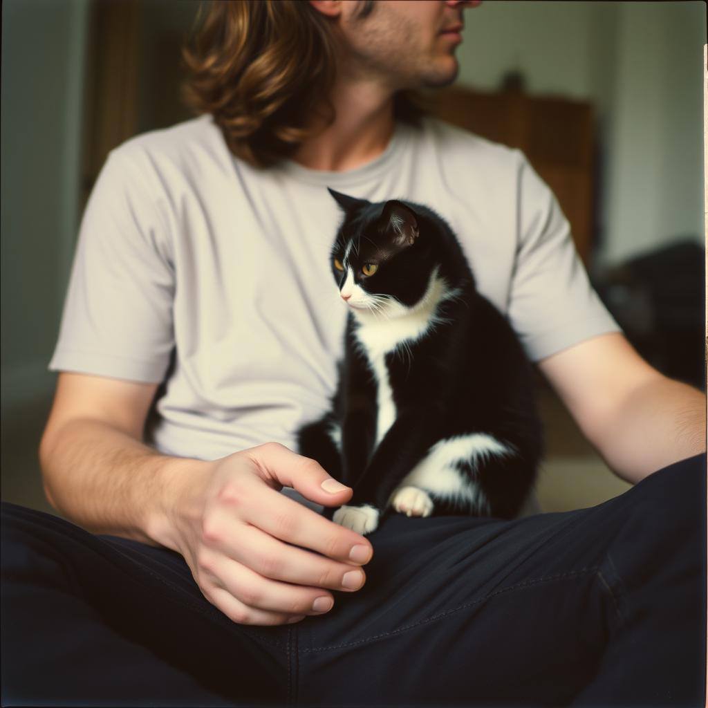 A candid Polaroid photo of a man sitting with a black and white cat on his lap