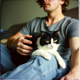 A candid Polaroid photo of a man sitting with a black and white cat on his lap