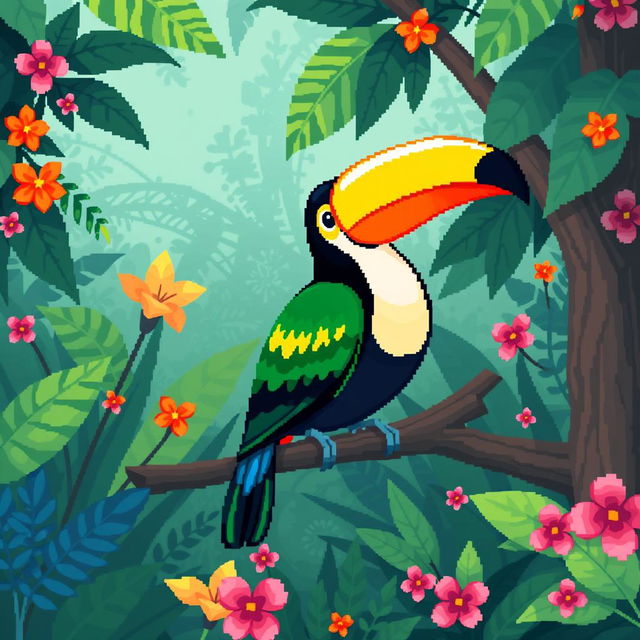 A charming pixel art depiction of a toucan perched on a branch, showcasing its vibrant, colorful feathers and oversized, bright beak