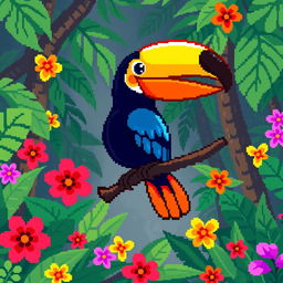 A charming pixel art depiction of a toucan perched on a branch, showcasing its vibrant, colorful feathers and oversized, bright beak