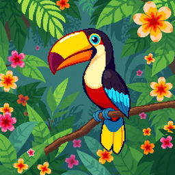 A charming pixel art depiction of a toucan perched on a branch, showcasing its vibrant, colorful feathers and oversized, bright beak