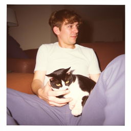 A candid Polaroid photo capturing a man sitting comfortably with a black and white cat nestled on his lap