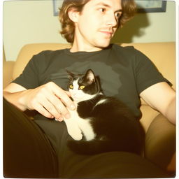 A candid Polaroid photo capturing a man sitting comfortably with a black and white cat nestled on his lap