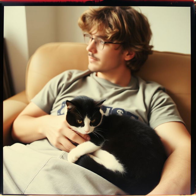 A candid Polaroid photo capturing a man sitting comfortably with a black and white cat nestled on his lap