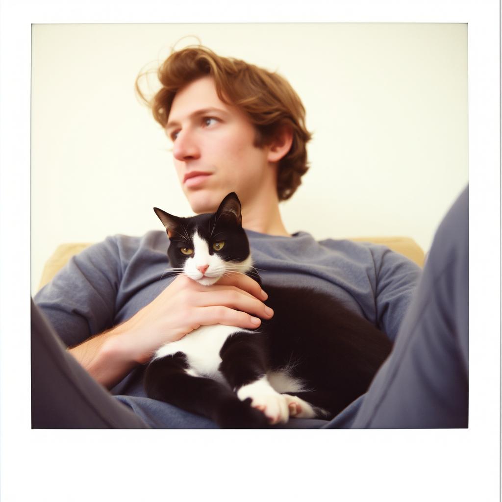 A candid Polaroid photo capturing a man sitting comfortably with a black and white cat nestled on his lap