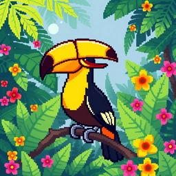 A delightful pixel art representation of a toucan, prominently featuring its bright yellow, orange, and black feathers along with its large, colorful beak