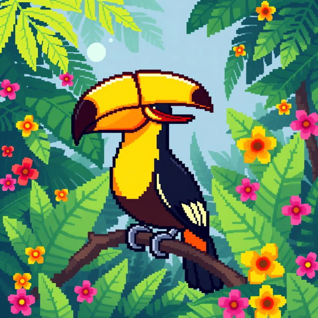 A delightful pixel art representation of a toucan, prominently featuring its bright yellow, orange, and black feathers along with its large, colorful beak