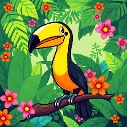 A delightful pixel art representation of a toucan, prominently featuring its bright yellow, orange, and black feathers along with its large, colorful beak