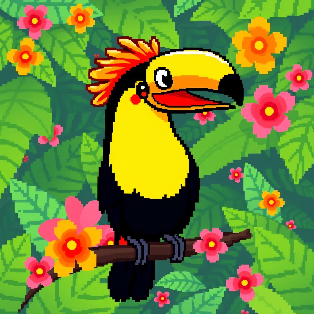 A delightful pixel art representation of a toucan, prominently featuring its bright yellow, orange, and black feathers along with its large, colorful beak