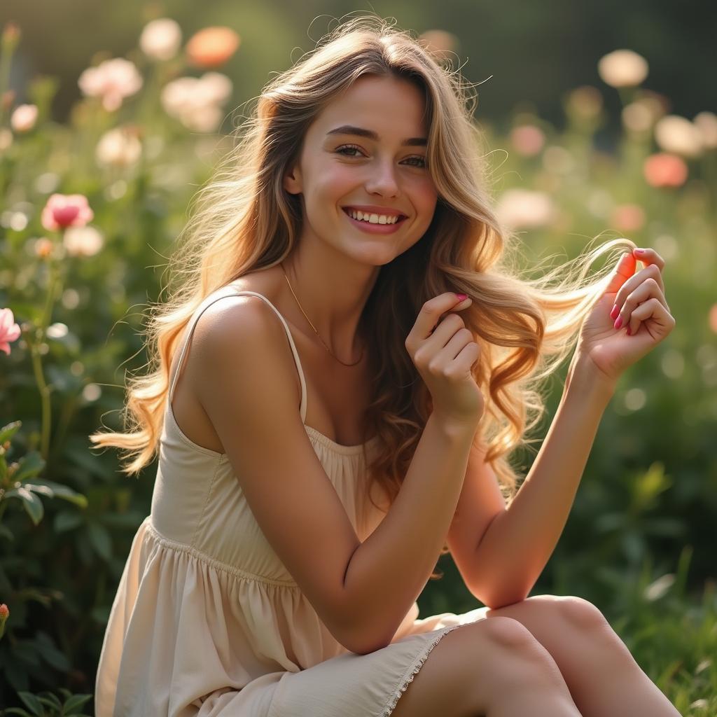 A beautiful young woman sitting gracefully with a soft smile, playfully twirling her long, flowing hair around her fingers