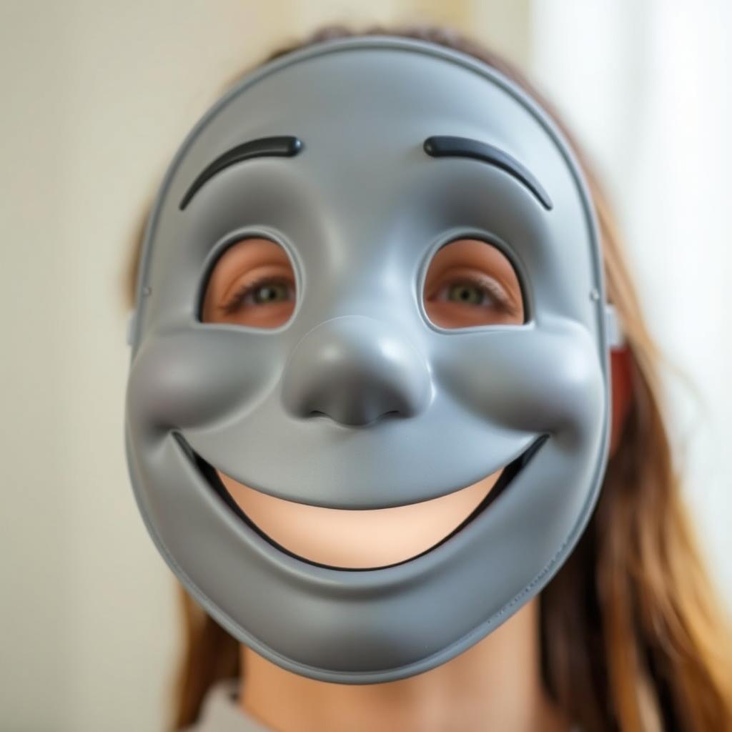 A close-up of a gray mask featuring a large, cheerful smiling face