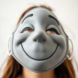 A close-up of a gray mask featuring a large, cheerful smiling face