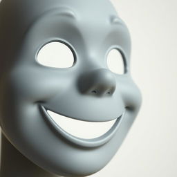 A close-up of a gray mask featuring a large, cheerful smiling face