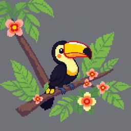 A delightful pixel art rendition of a toucan, featuring its striking yellow, orange, and black feathers along with its large, colorful beak