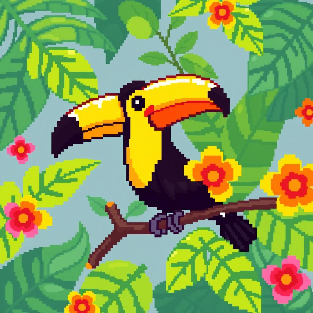 A delightful pixel art rendition of a toucan, featuring its striking yellow, orange, and black feathers along with its large, colorful beak