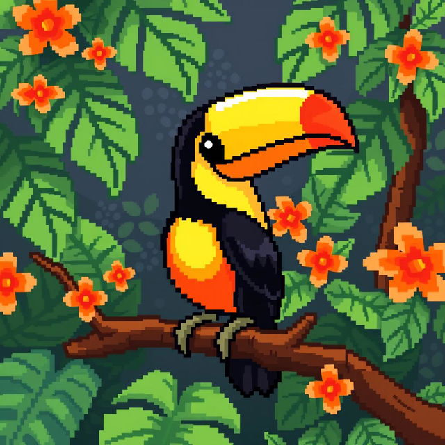 A delightful pixel art rendition of a toucan, featuring its striking yellow, orange, and black feathers along with its large, colorful beak