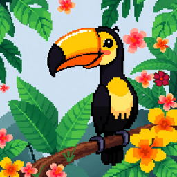 A delightful pixel art rendition of a toucan, featuring its striking yellow, orange, and black feathers along with its large, colorful beak