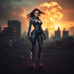A powerful and dramatic portrayal of a woman amidst a post-apocalyptic landscape, her figure exuding strength and resilience