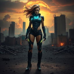 A powerful and dramatic portrayal of a woman amidst a post-apocalyptic landscape, her figure exuding strength and resilience