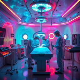 A surreal scene depicting a futuristic operating room where noise is the main theme, featuring a high-tech surgical table surrounded by advanced audio equipment