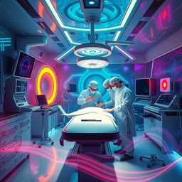 A surreal scene depicting a futuristic operating room where noise is the main theme, featuring a high-tech surgical table surrounded by advanced audio equipment