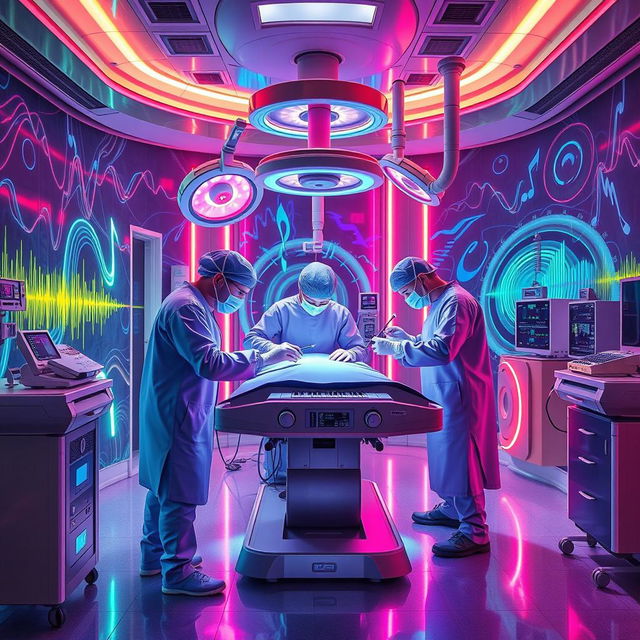 A surreal scene depicting a futuristic operating room where noise is the main theme, featuring a high-tech surgical table surrounded by advanced audio equipment