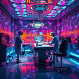 A surreal scene depicting a futuristic operating room where noise is the main theme, featuring a high-tech surgical table surrounded by advanced audio equipment