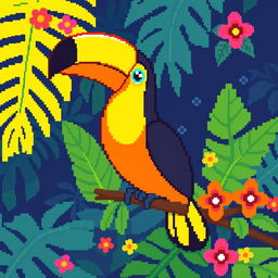 A vibrant pixel art illustration of a toucan, characterized by its bright yellow and orange feathers and a large, eye-catching beak