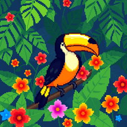 A vibrant pixel art illustration of a toucan, characterized by its bright yellow and orange feathers and a large, eye-catching beak