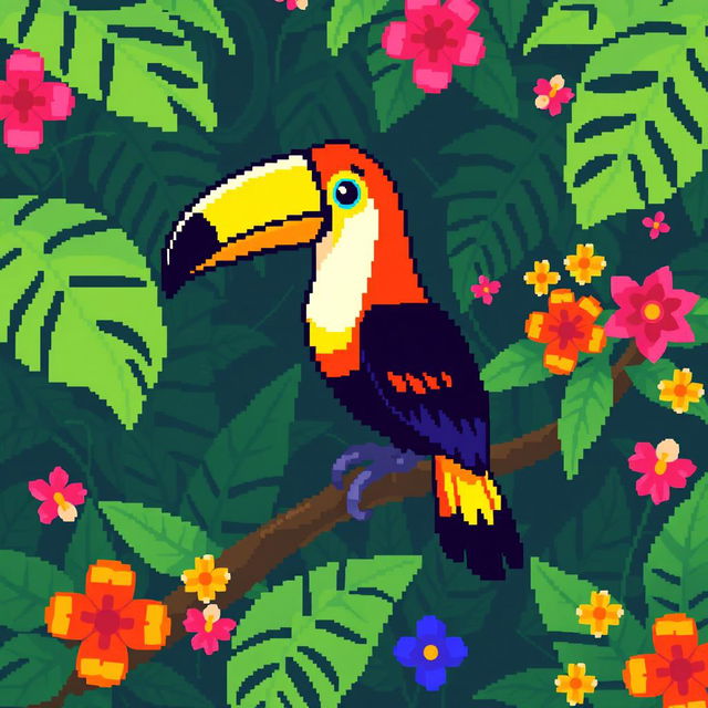 A vibrant pixel art illustration of a toucan, characterized by its bright yellow and orange feathers and a large, eye-catching beak