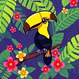 A vibrant pixel art illustration of a toucan, characterized by its bright yellow and orange feathers and a large, eye-catching beak