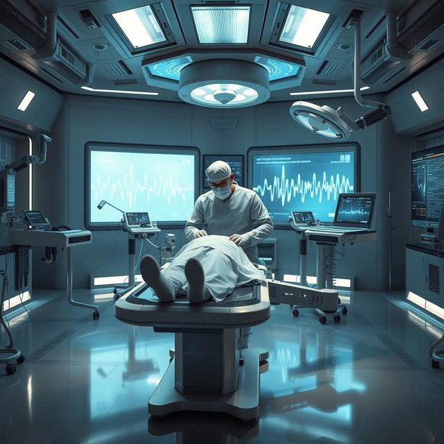 A futuristic, high-tech surgical room filled with advanced equipment and holographic displays, showcasing a groundbreaking noise surgery procedure