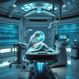 A futuristic, high-tech surgical room filled with advanced equipment and holographic displays, showcasing a groundbreaking noise surgery procedure
