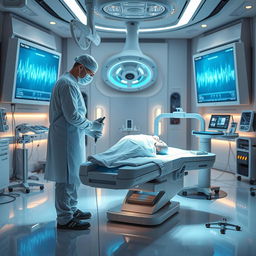 A futuristic, high-tech surgical room filled with advanced equipment and holographic displays, showcasing a groundbreaking noise surgery procedure