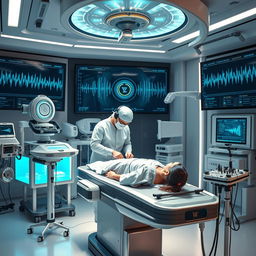 A futuristic, high-tech surgical room filled with advanced equipment and holographic displays, showcasing a groundbreaking noise surgery procedure