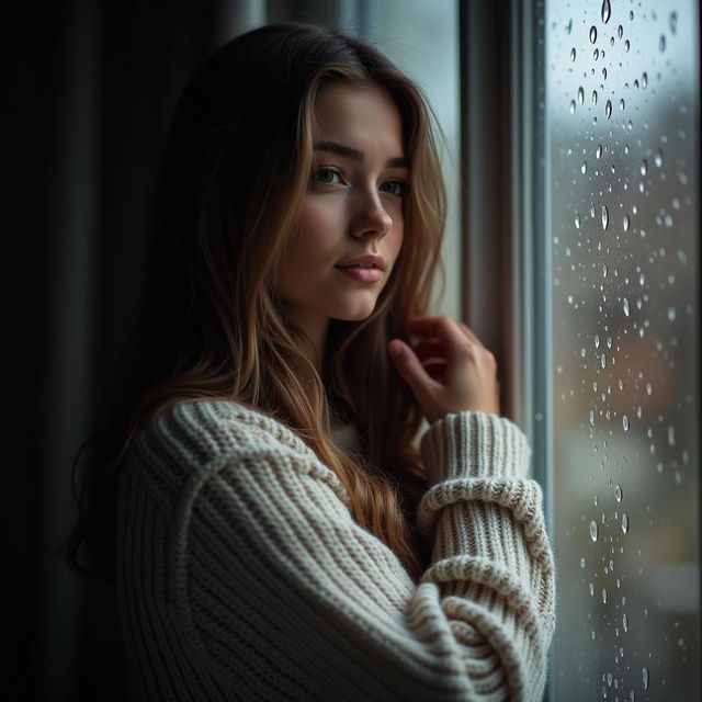 A beautiful young woman with a wistful expression, gently playing with her long, wavy hair while looking out of a window