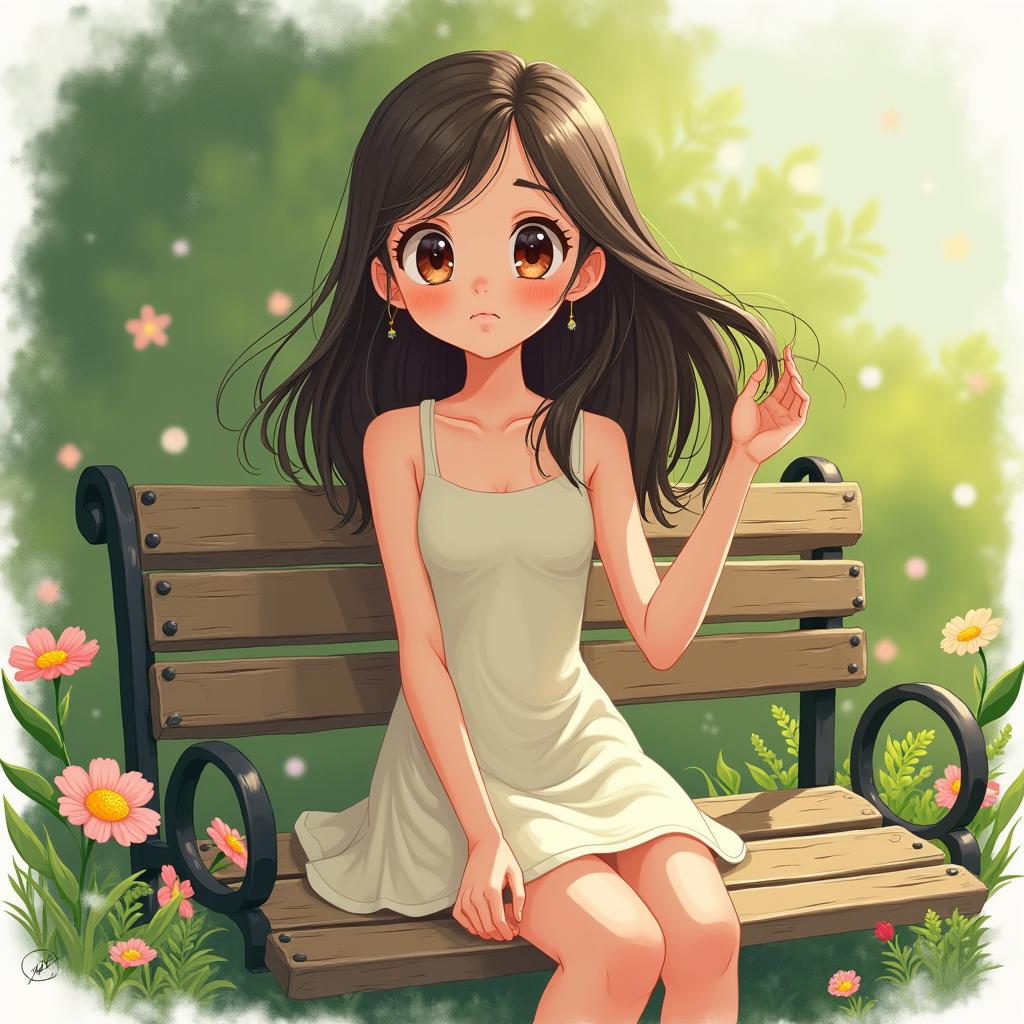 A beautifully illustrated cartoon of a young woman with large expressive eyes and flowing hair, gently playing with her hair while sitting on a park bench