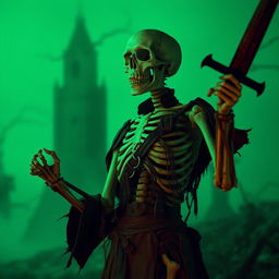 A real skeleton dressed in torn, tattered leather clothes, standing ominously in a haunting environment