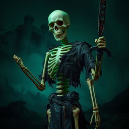 A real skeleton dressed in torn, tattered leather clothes, standing ominously in a haunting environment