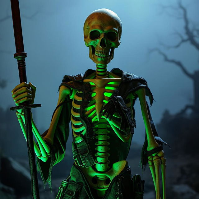 A real skeleton dressed in torn, tattered leather clothes, standing ominously in a haunting environment