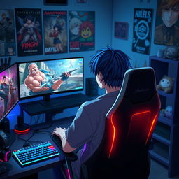 A young anime man sitting in a gaming chair, focused on playing video games