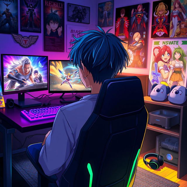 A young anime man sitting in a gaming chair, focused on playing video games