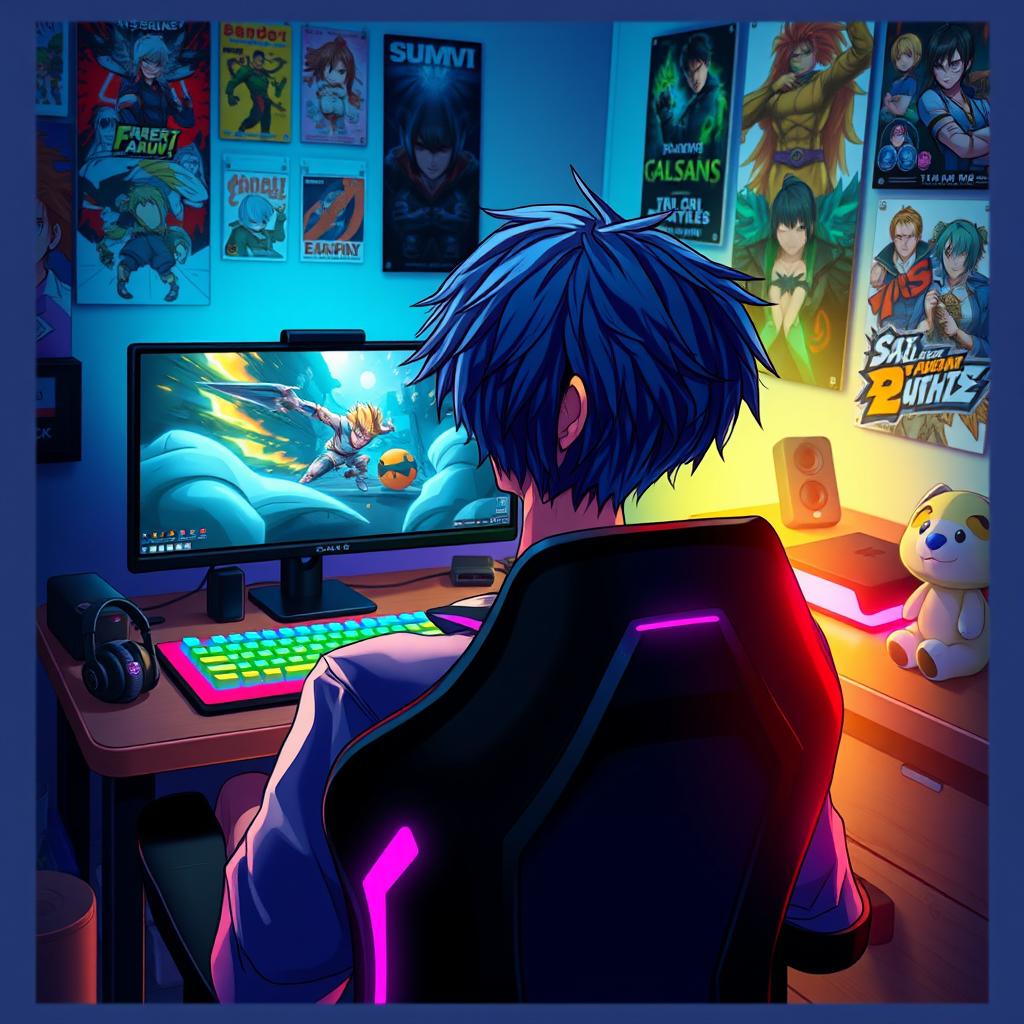 A young anime man sitting in a gaming chair, focused on playing video games