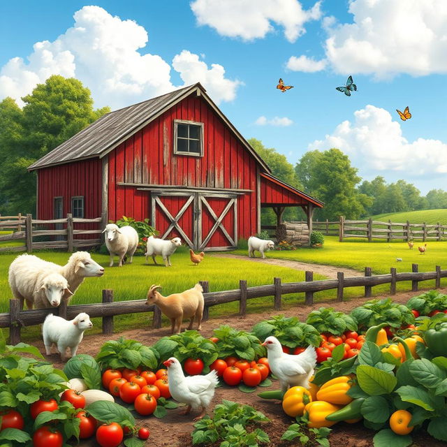 A picturesque rustic farmyard scene featuring a charming red barn surrounded by lush green fields