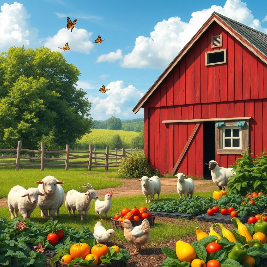 A picturesque rustic farmyard scene featuring a charming red barn surrounded by lush green fields